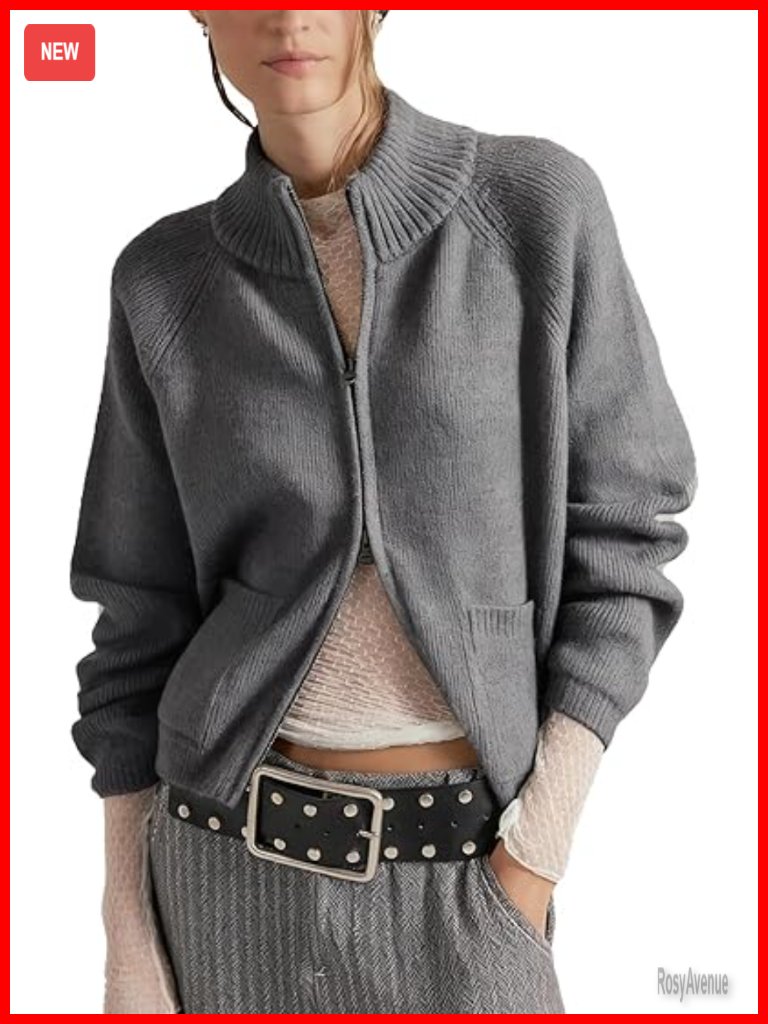 Zip Up Sweaters For Women Long Sleeve Chunky Knit Cardigan Jacket With Pockets